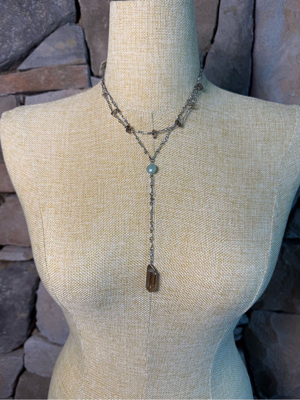 New🌟Free People-Layered Silver Lariat Necklace with Green and Brown Gemstones